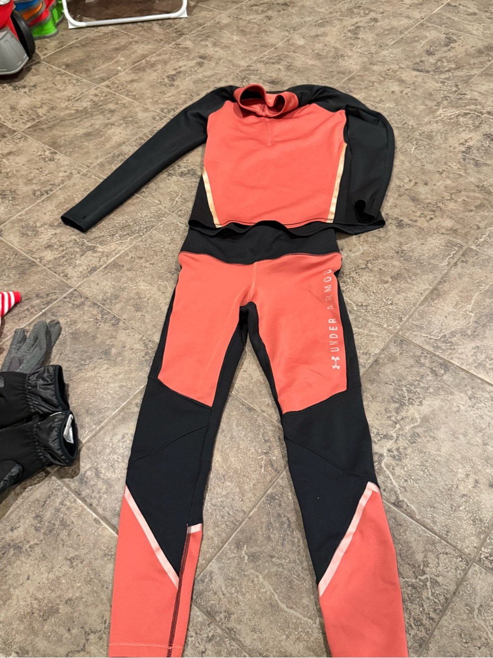 Under Armour Coral and Black Athletic Set top is small bottoms is medium